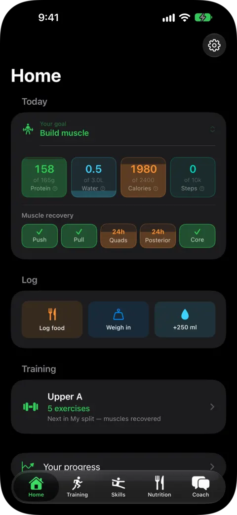 The Kufu home screen: today’s goal, muscle recovery and the next workout