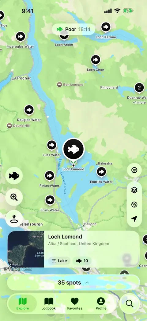 The WikiCatch map: fishing spots around Loch Lomond with a spot card