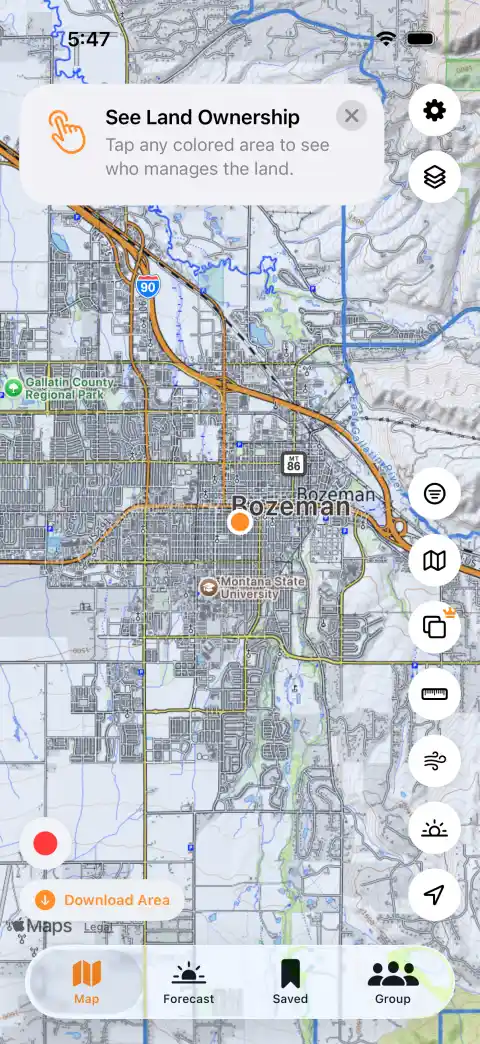 The WikiHunt map near Bozeman with land ownership shading